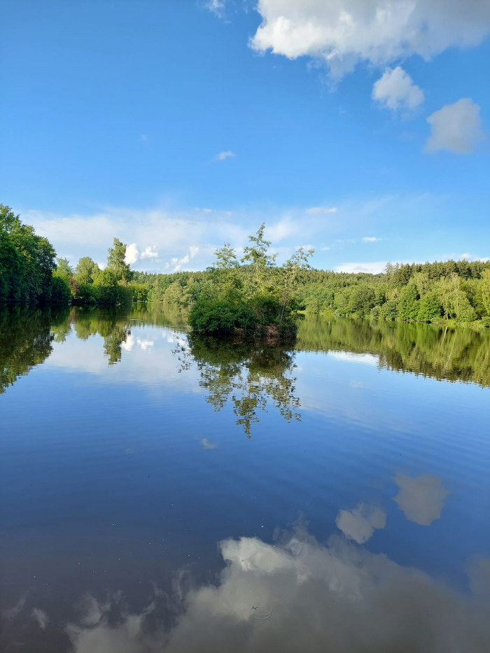 Weitblick über den Häslestausee mit kleiner bewachsener Insel beim Campingplatz Waldeck