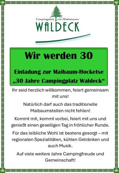 Einladung zur Maibaum-Hocketse 30 Jahre Campingplatz Waldeck 2026