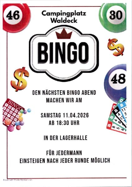 Einladung zum Bingo-Abend am Campingplatz Waldeck am 11.04.2026