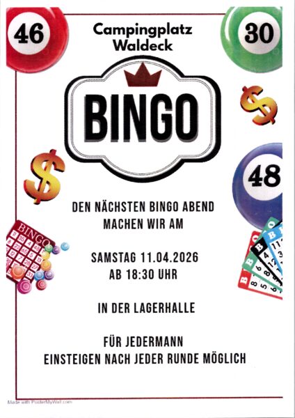 Einladung zum Bingo-Abend am Campingplatz Waldeck am 11.04.2026