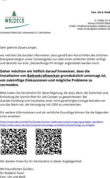 Informationsschreiben zum Verbot von Balkonkraftwerken am Campingplatz Waldeck 2024
